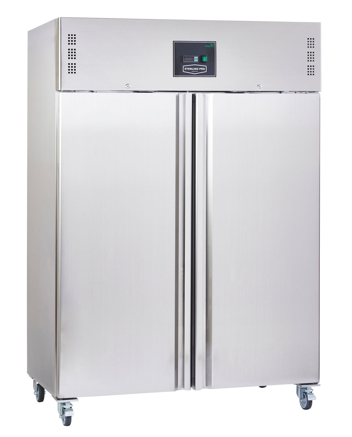 Sterling Pro SPF212NV stainless-steel double-door commercial freezer, doors closed