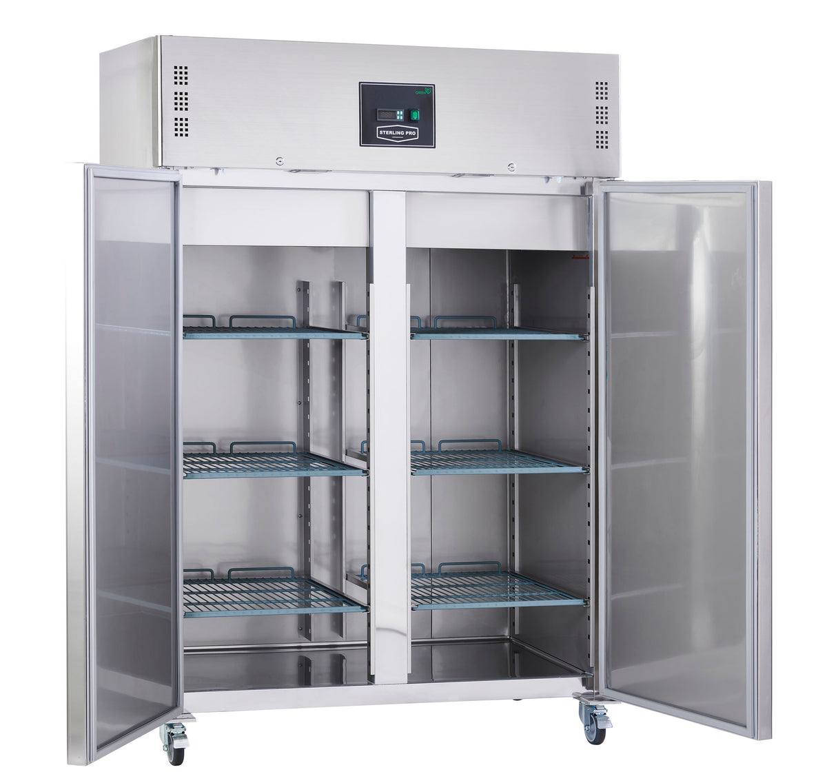 SPF212NV freezer with both doors open showing adjustable wire shelves