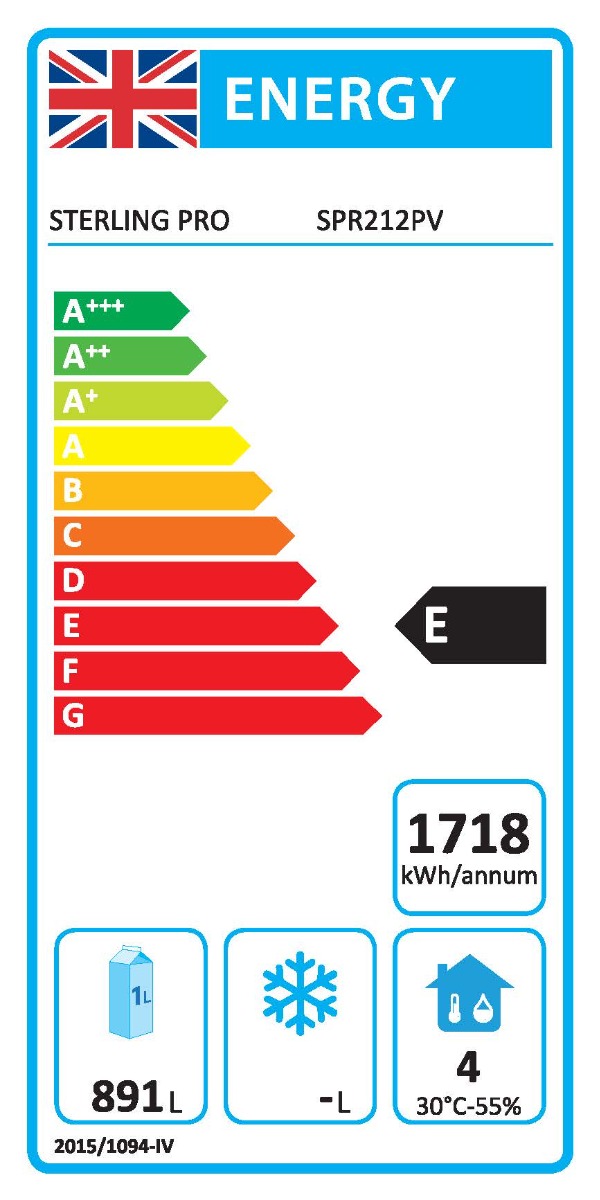Energy label for Sterling Pro SPR212PV refrigerator, class E, net volume 891 litres