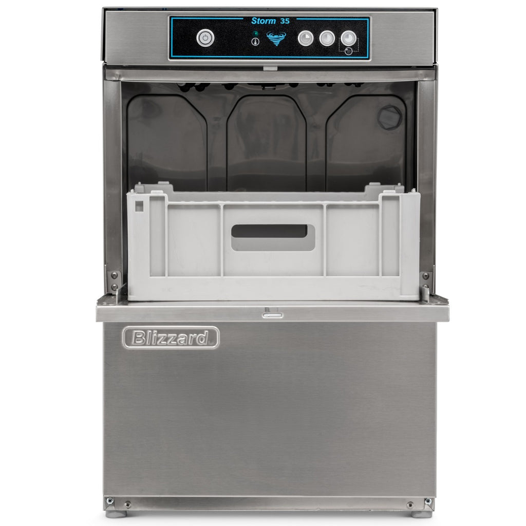 Blizzard STORM35DP glasswasher with door open and glass basket visible