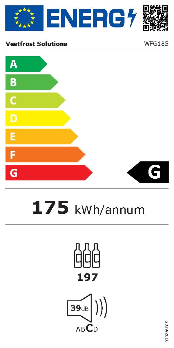 Energy label for Vestfrost WFG185 wine cabinet, class G, 197-bottle capacity