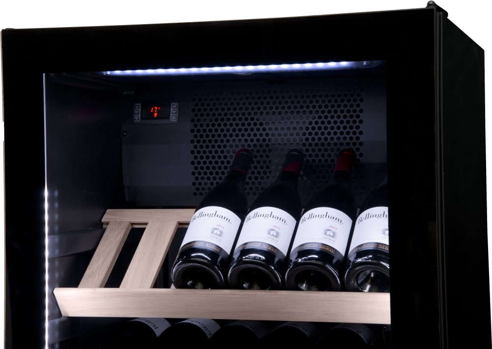 WFG185 interior showing wooden bottle shelves and LED lighting