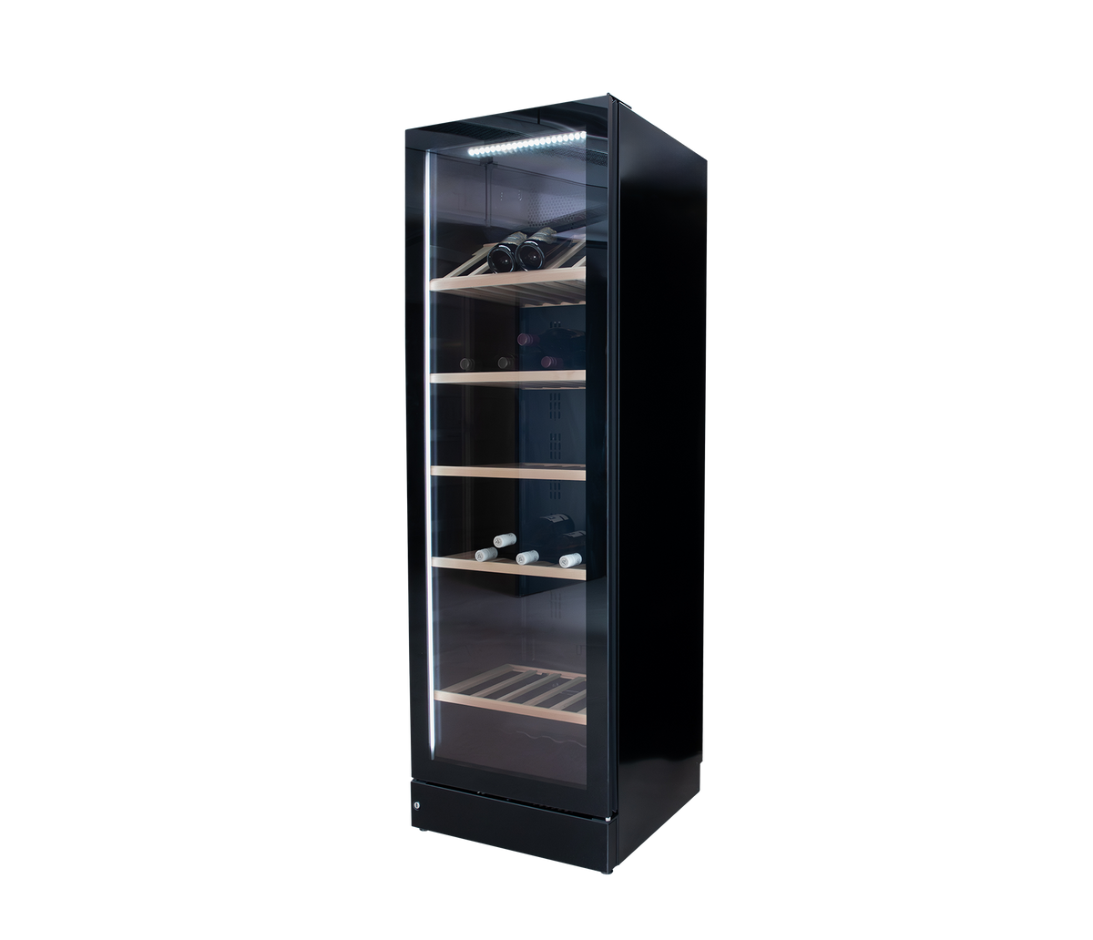 Vestfrost WFG185 black glass-door wine cabinet with wooden shelves, three-quarter view